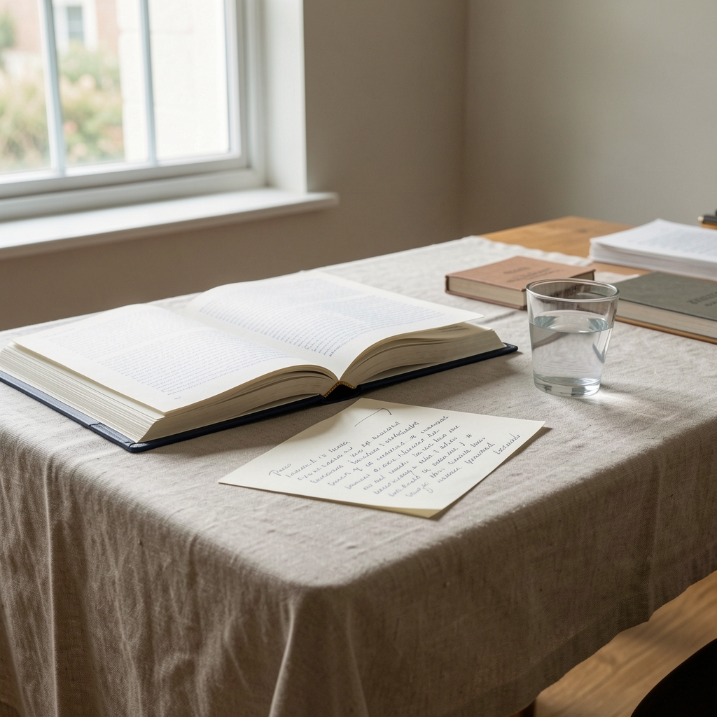 Quiet editorial workspace with open research journals, a glass of water, and handwritten notes on a linen-covered desk, bathed in natural window light