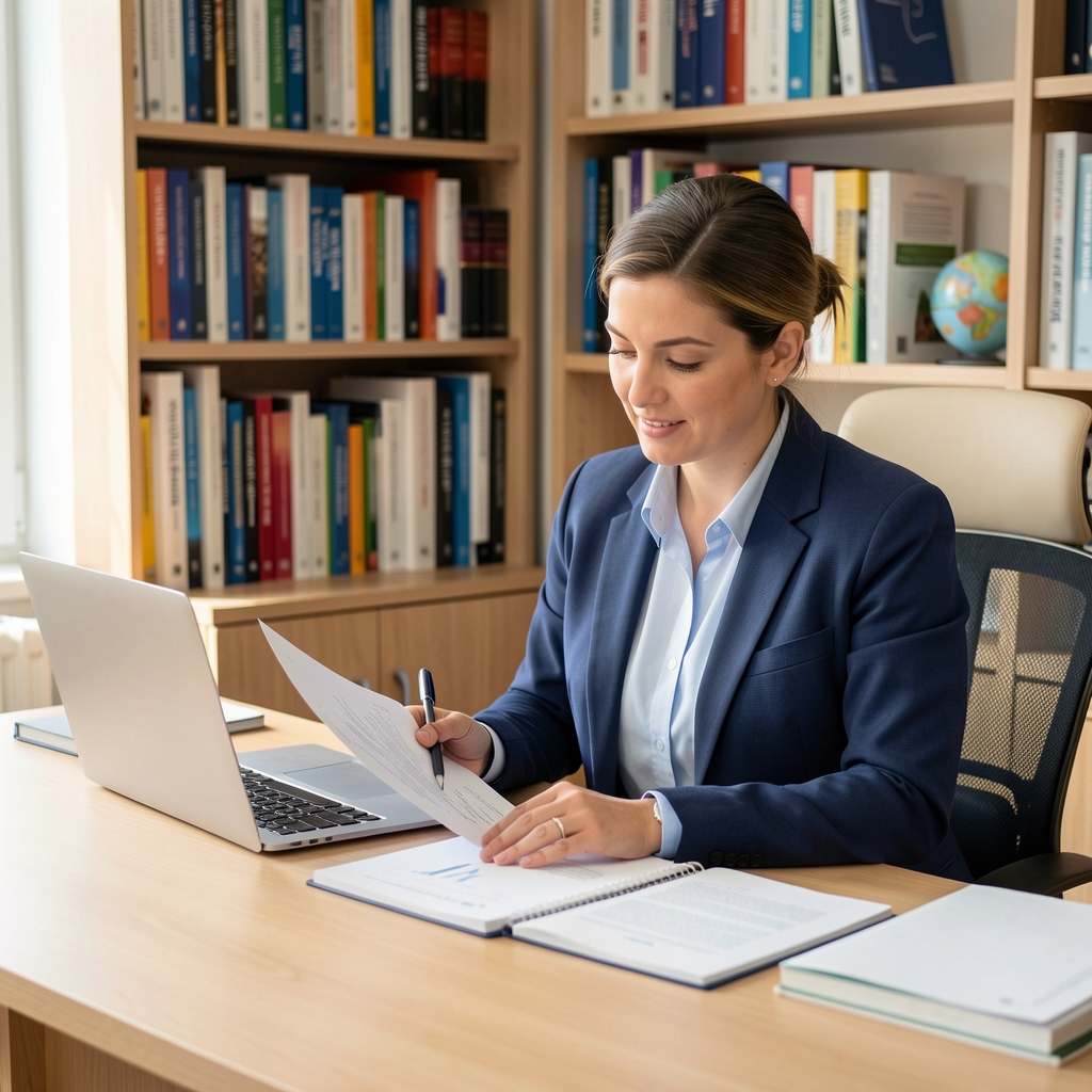 A qualified nutrition professional reviewing research papers at a clean wooden desk, a bookshelf of nutrition and psychology texts visible in the background