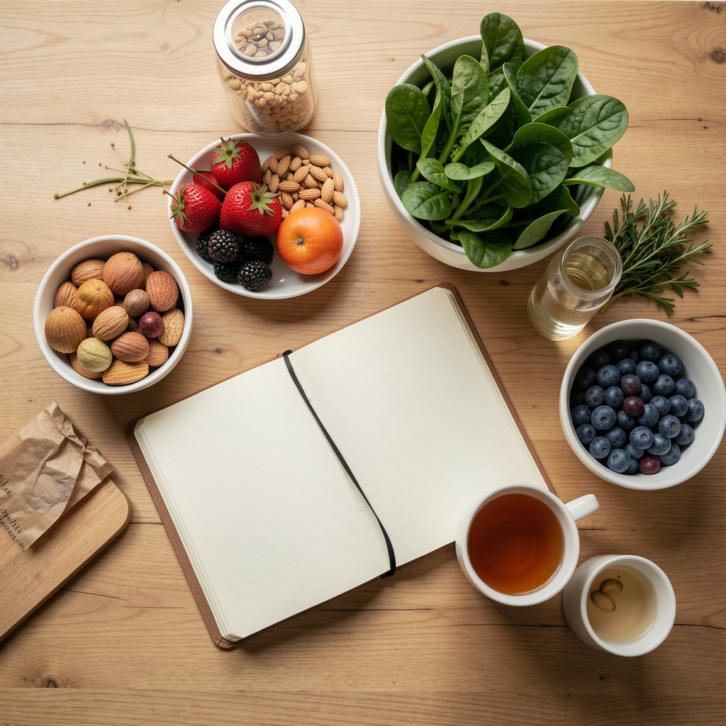 Overhead view of a calm kitchen table set with whole foods, a journal, and a cup of tea, suggesting mindful eating rituals