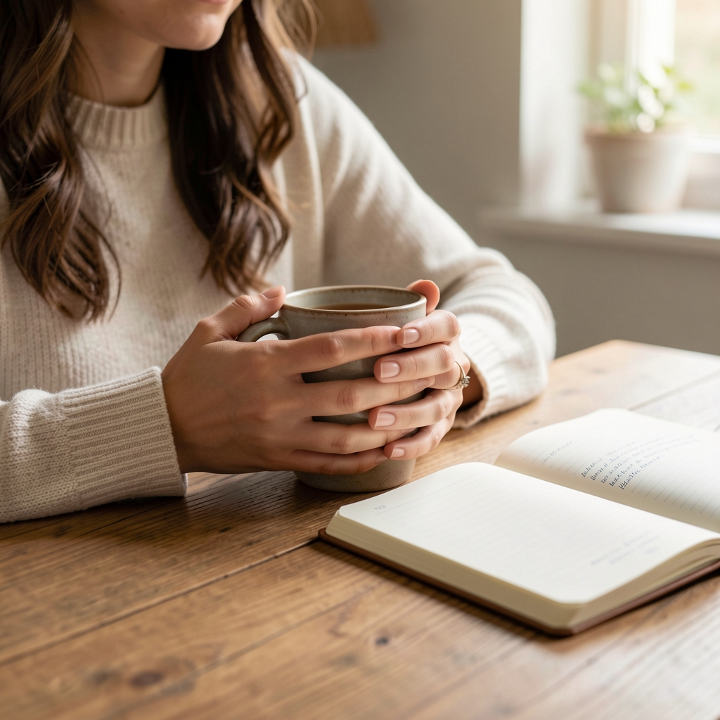 Person sitting quietly at a wooden table with hands wrapped around a warm mug, a notebook open beside them, representing a calm and reflective relationship with food