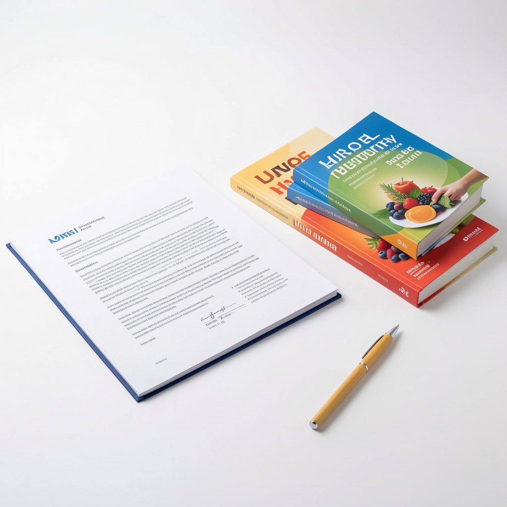 Research documents and nutritional journals laid out on a clean workspace under bright studio lighting