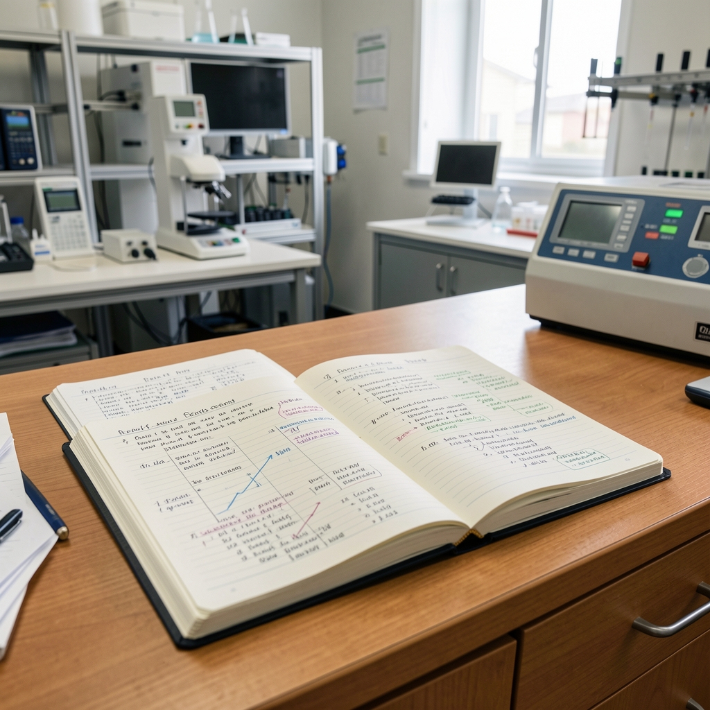 Open research notebooks with annotated nutritional study pages on a wooden desk in a quality-control environment