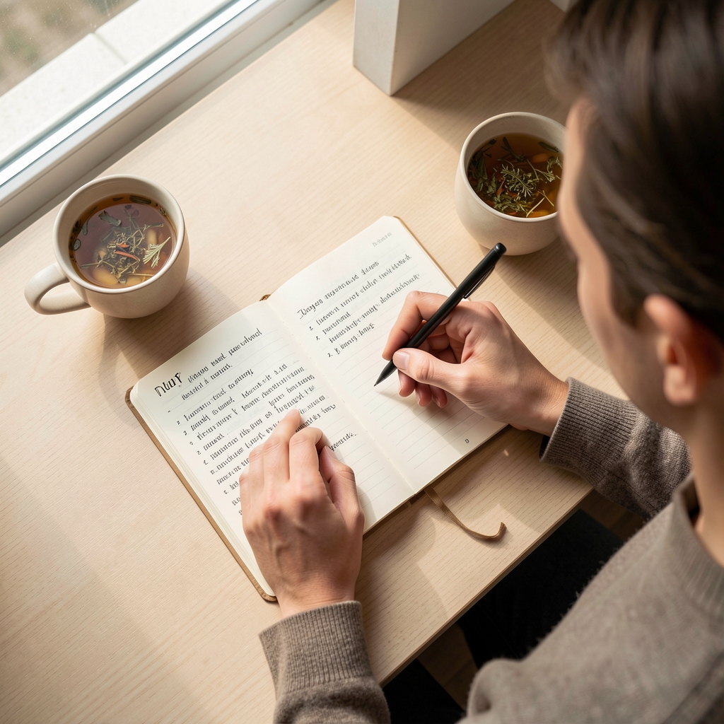 Top-down shot of a person writing in a food and mood journal at a minimal desk, a calm cup of herbal tea beside them, afternoon window light