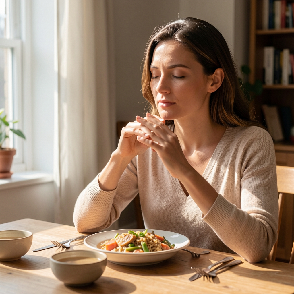 A mindful eating scene: a woman pausing before a meal at a sunlit table, hands resting calmly, eyes closed briefly in attentive awareness