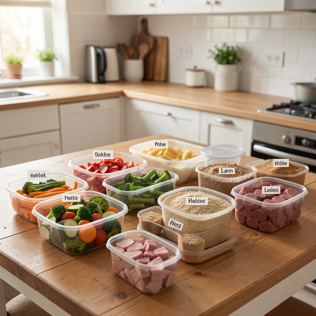 Weekly meal plan laid out on a kitchen table with labelled containers of prepped vegetables, grains, and proteins in an organised, calm arrangement