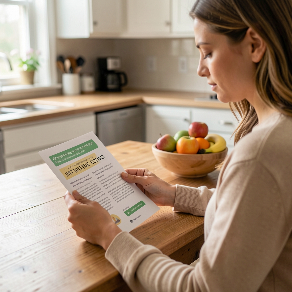 A person calmly reviewing a printed intuitive eating guide at a kitchen table, a bowl of fruit visible in the background, relaxed posture and good natural light