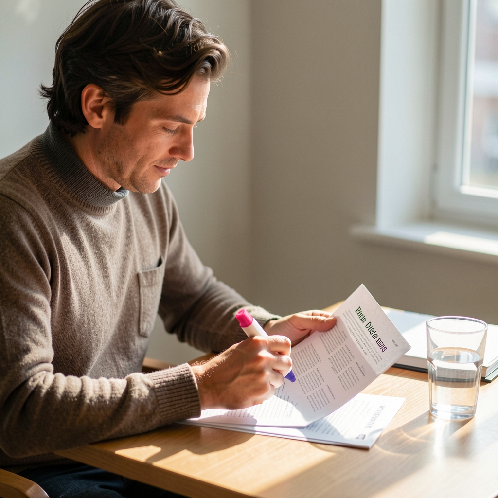 Person seated at a sunlit desk reviewing printed programme materials, a highlighter in hand and a glass of water nearby, relaxed focused posture