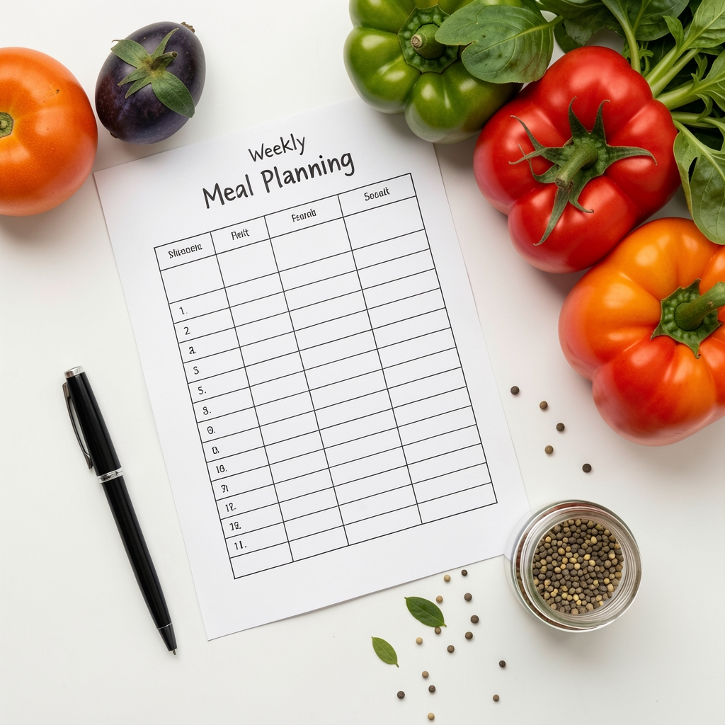 Flat lay of a weekly meal planning sheet alongside seasonal vegetables, a pen, and a small glass jar of seeds on a white surface