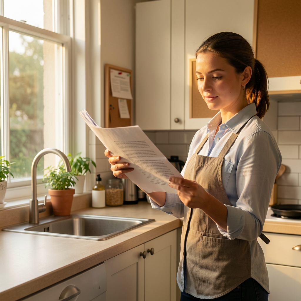 A person standing in a calm kitchen reading from a printed guide pinned to a noticeboard, warm morning light from a window
