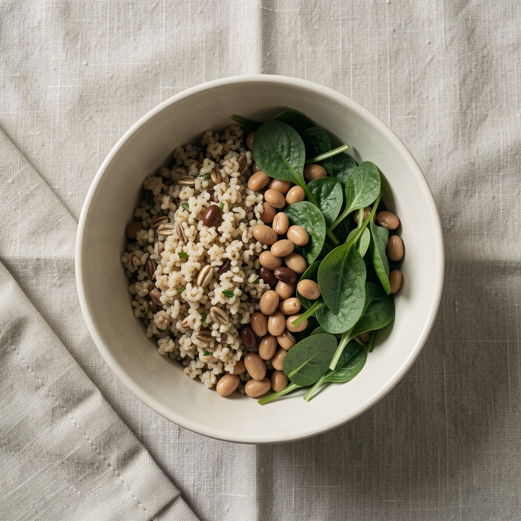 Editorial overhead shot of a simple lunch — a bowl of whole grains, legumes, and leafy greens — arranged on a linen tablecloth with a folded napkin